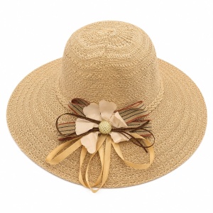 Palarie de Soare pentru Dama Bej cu Boruri Largi si Floare Decorativa