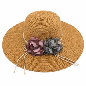 Palarie de Soare pentru Dama Maro Caramel cu Boruri Largi si Flori Decorative