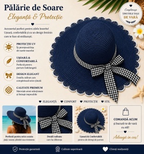 Palarie de Soare pentru Femei Bleumarin cu Fundita Alb-Negru Eleganta – Model Chic de Vara - Img 2
