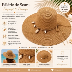Palarie de Soare pentru Femei, Maro , cu Scoici Decorative si Fundita, Boruri Largi, Eleganta de Vara - Img 2