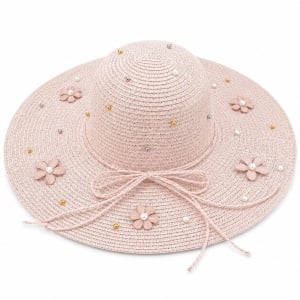 Palarie de Soare Roz Eleganta cu Flori Decorative pentru Plaja si Vacante