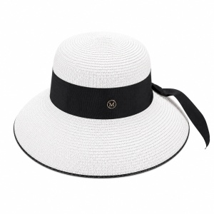 Palarie de vara dama alba cu banda neagra eleganta si protectie UV pentru plaja