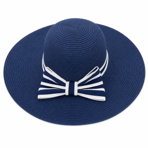 Palarie de vara dama albastru elegant cu funda decorativa si protectie UV pentru plaja