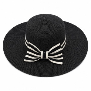 Palarie de Vara Eleganta pentru Femei, Neagra cu Fundita Contrastanta si Bor Lat