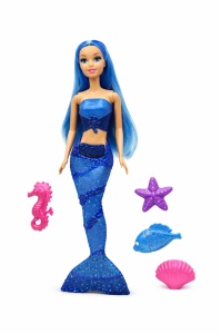 Papusa sirena albastra cu accesorii marine, set jucarie 37 x 16 cm