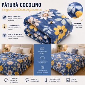 Patura Cocolino Pufoasa cu Model Floral si Albine, 200x220 cm, Albastru - Img 2