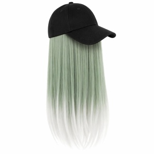 Peruca lunga 50 cm cu sapca neagra, par verde cu ombre alb
