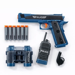 Pistol jucarie politist albastru, 19 cm soft gun cu accesorii si gloante cu ventuza