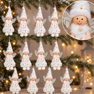 Set 12 bucăți ornamente brad îngerași din pluș cu aripi argintii sclipitoare, 20×8 cm - Img 5