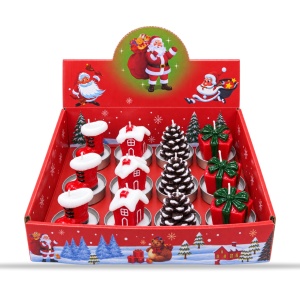 Set 12 lumânări decorative de Crăciun, 4 modele - cizmă, căsuță, con brad, cadou, 20x14x7cm