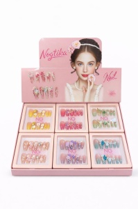 Set 12 perechi unghii false tip Press-On cu decor flori si cristale