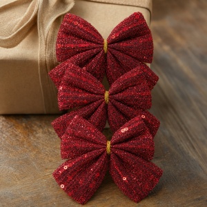 Set 3 fundite decorative rosii cu paiete, pentru brad de Craciun, 29x12,5cm - Img 2