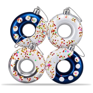 Set 4 Globuri de Craciun, Albastru si Argintiu, cu Sclipici, pentru Brad, 14x14x3cm