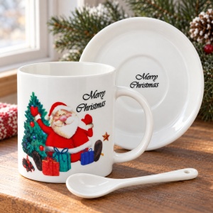 Set cană ceramică de Crăciun cu linguriță și farfurioară, Merry Christmas, 16x18cm - Img 4