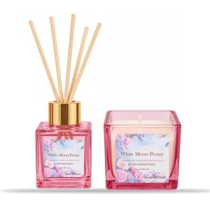 Set cu lumânare din soia și difuzor cu bețișoare, parfum floral, cutie roz - Img 3