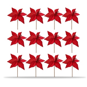 Set de 12 decoratiuni de Crăciun in forma de floare, roșu cu sclipici, 37x22 cm - Img 2
