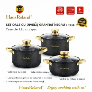 Set oale HausRoland cu înveliș granitat și capace din sticlă, 6 piese, negru - Img 2
