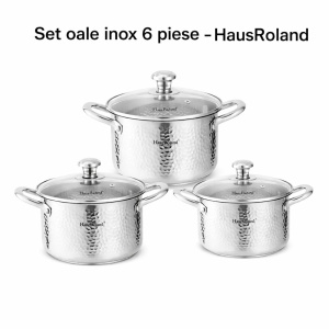 Set oale HausRoland din oțel inoxidabil texturat cu capace din sticlă, 6 piese - Img 2