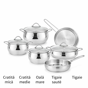 Set oale și tigăi din oțel inoxidabil cu capace din sticlă, 9 piese, compatibil inducție - Img 2