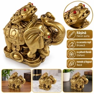 Statuetă Feng Shui elefant cu broască, monede și lingouri, rășină aurie, aprox. 11 × 9,5 × 7 cm