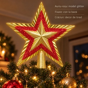 Stea decorativă pentru vârf de brad, auriu cu roșu, model glitter, tematică Crăciun, 20x20cm - Img 2