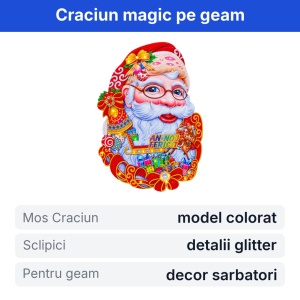 Sticker decorativ Craciun cu Mos Craciun, model colorat cu glitter, pentru geam, 67x50cm - Img 2