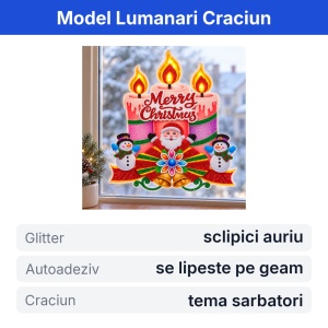 Sticker decorativ de Craciun pentru geam, model Lumanari, cu glitter, multicolor, 29x22cm - Img 2