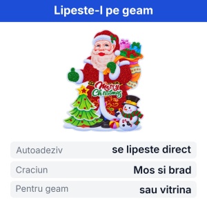 Sticker decorativ de Craciun pentru geam, model Mos Craciun cu brad si om de zapada, 30x20cm - Img 2