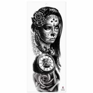 Tatuaj Temporar Semipermanent Catrina cu Trandafiri și Ceas Vintage – 45 cm