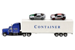 Tir din metal Die-Cast XLC cu părți din plastic albastru și 2 mașini - Dimensiuni: 34x15x5 cm