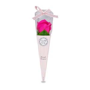 Trandafir roz inchis artificial, in cutie cadou transparentă cu funda, 25cm - Img 2