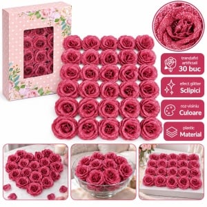Trandafiri artificiali cu sclipici, set 30 de bucăți, culoare roz-visiniu, plastic, 8cm