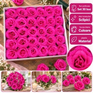 Trandafiri artificiali cu sclipici, set 30 de bucăți, fucsia, plastic, 8cm