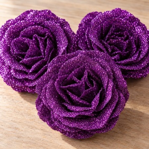 Trandafiri artificiali cu sclipici, set 30 de bucăți, mov închis, plastic, 8cm - Img 2