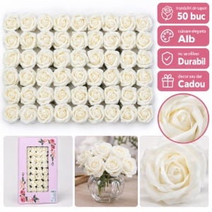 Trandafiri decorativi din săpun, set 50 bucăți, alb, cutie cadou, 5 cm