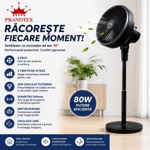 Ventilator cu Picior 10 Inch, negru , 80W, 3 Trepte de Viteză, Oscilație, Circulație Puternică a Aerului - Img 3