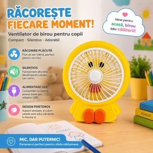 Ventilator de Birou 30 cm, 20W, Galben, Alimentare USB, Silențios, Design Adorabil pentru Copii - Img 2
