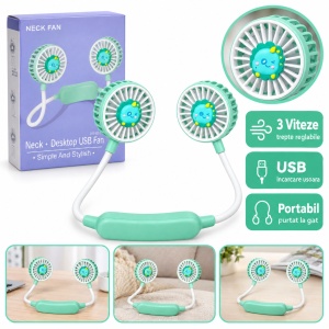 Ventilator de gât portabil cu 3 trepte de viteză, USB, model dinozaur, verde mentă