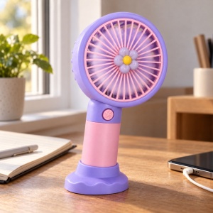 Ventilator portabil de mână cu USB, 3 trepte de viteză, model floare mov - Img 4