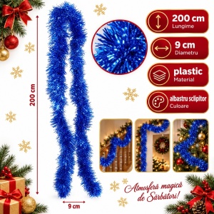Beteală de Crăciun albastră sclipitoare, plastic, diametru 9 cm, lungime 2 m - Img 4
