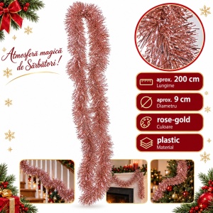 Beteală de Crăciun din plastic, rose-gold, diametru 9 cm, lungime 2 m