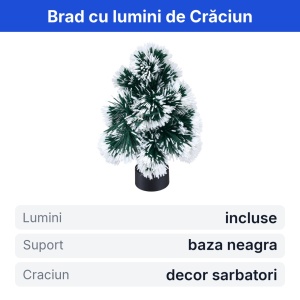 Brad decorativ de Crăciun artificial, cu lumini, verde cu alb, suport negru, 30x10cm - Img 2
