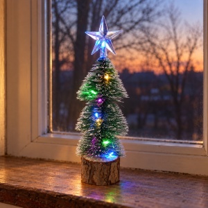 Brăduț decorativ luminos LED pentru Crăciun, pe suport din lemn, baterii incluse, 20x8 cm - Img 3