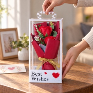 Buchet decorativ cu trandafiri roșii, fundă aurie, în cutie cadou, 25cm - Img 3