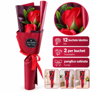 Buchet decorativ cu trandafiri rosii, set cadou rosu, 25 cm