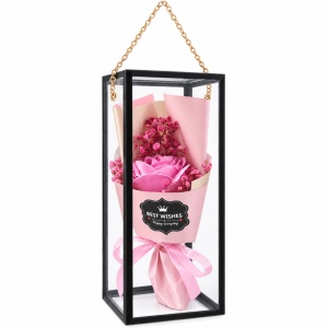 Buchet decorativ roz cu trandafir, în cutie transparentă cu lanț auriu - Img 2