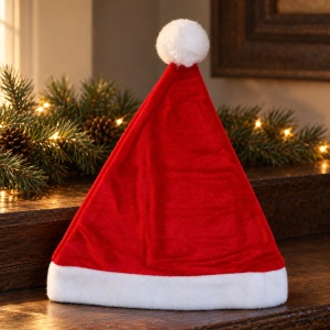Căciulă de Moș Crăciun cu pompon, textil pufos roșu cu alb, 41 cm - Img 4