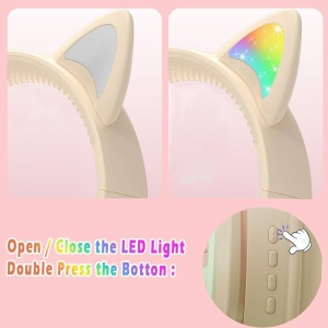 Casti wireless Bluetooth cu urechi de pisica LED, pliabile, pentru copii si adulti, crem - Img 6