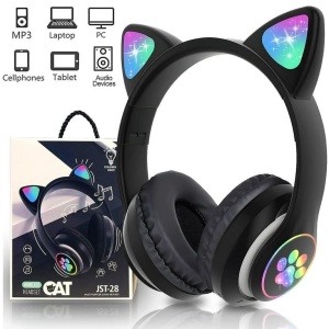 Căști wireless cu urechi de pisică și lumini LED, design ergonomic, Negru - Img 6