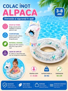 Colac Gonflabil Alpaca pentru Copii – 90 cm, Model cu Sclipici, PVC Rezistent - Img 2